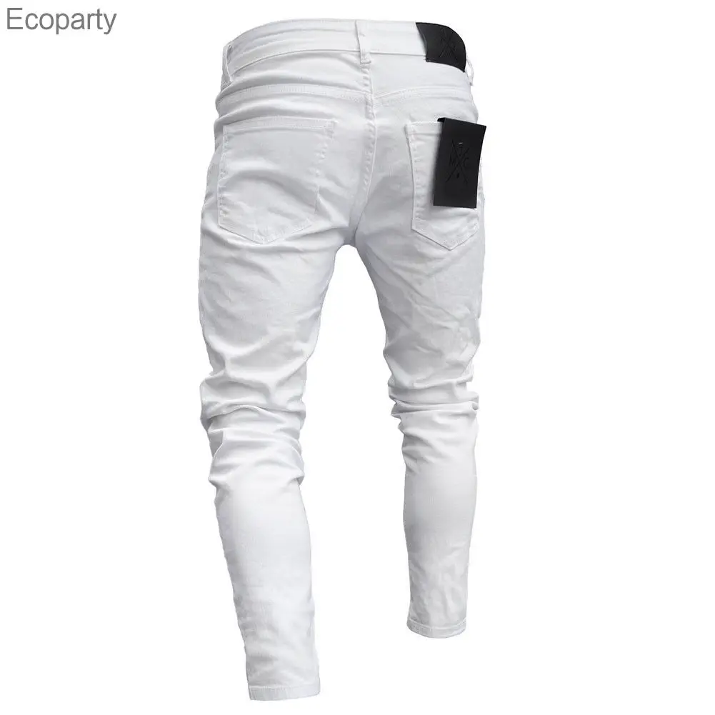 Джинсы мужские Стрейчевые с вышивкой рваные зауженные байкерские джинсы принтом