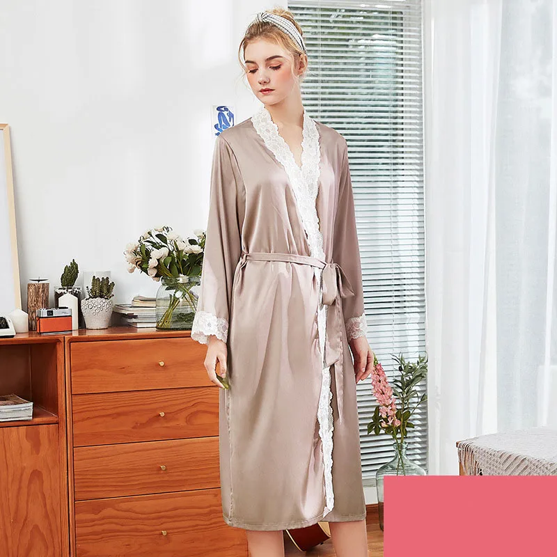 Women Satin Silk Sleep Dress Long Sleeve Lace Maxi Dress Robe Pajamas