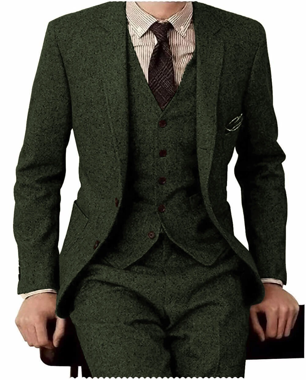 Mens Suit 3 Pieces Slim Fit Casual Notched Lapel Woolen Brown Tweed Groomsmen Tuxedos Wedding Suits Men 2022 (Jacket+Pant+Vest)