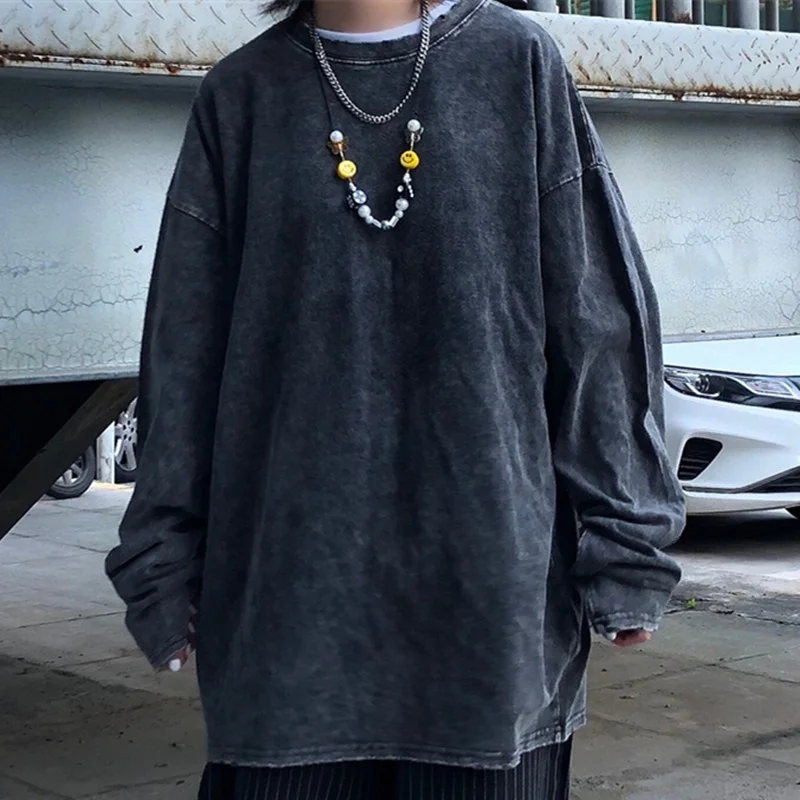

Man Women Dark T-shirt Gothic Punk Couples Tshirts Loose Round Neck Hip Hop Bottomed Long Sleeve T-shirt Solid Black Top