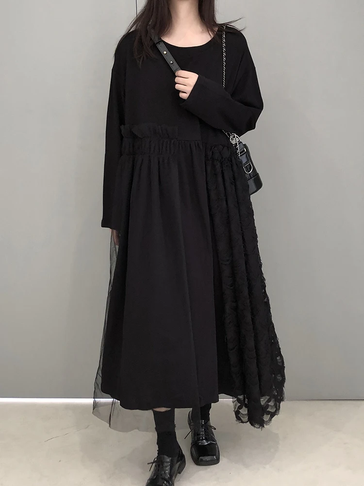 

XITAO Mesh Patchwork Dress Black Pullover Full Sleeve Goddess Fan Casual Style Loose 2022 Autumn Minority Loose Dress WLD9016