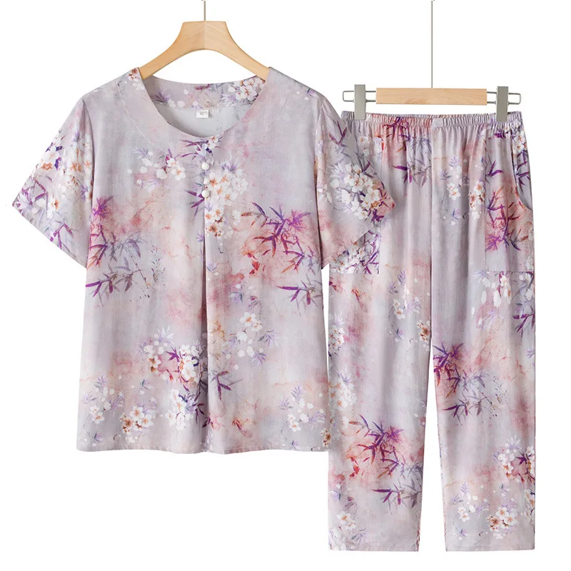 Фото XL-5XL ансамбль Femmes элегантный женский пижамный комплект с принтом, капри с короткими рукавами, брюки, костюм для мамы среднего возраста, домашняя одежда для сна №3