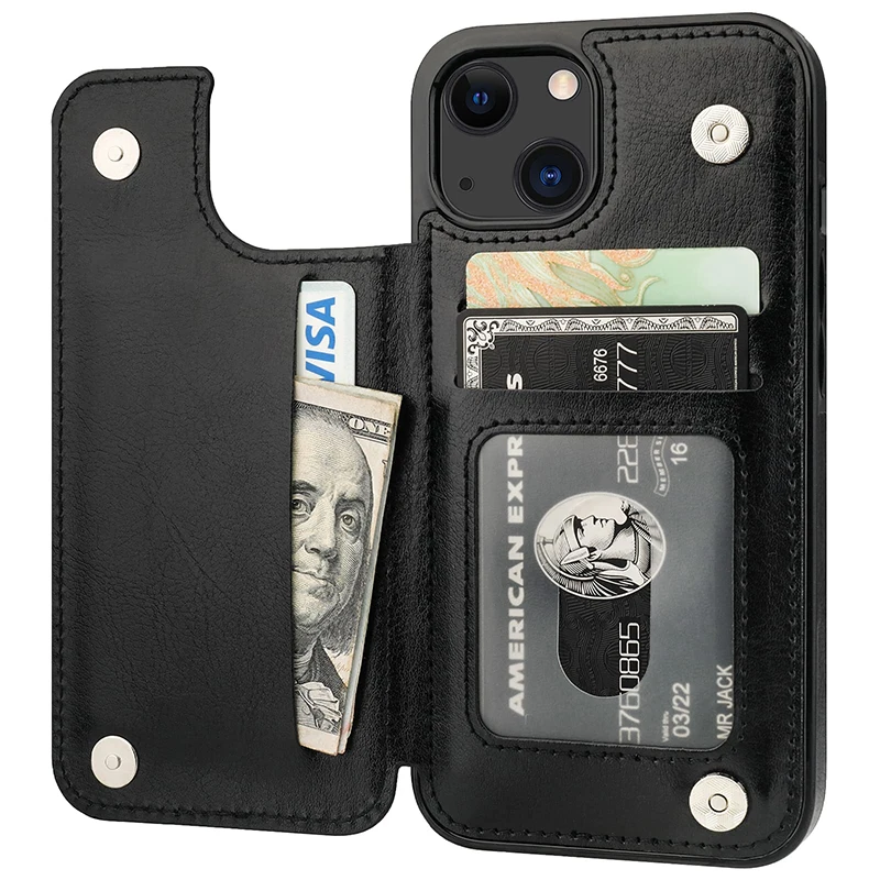 

PU Leather Kickstand Card Slots Phone Case iPhone 12 13 13Pro14 Wallet Case with Card Holder Double Magnetic Clasp Durable Cover