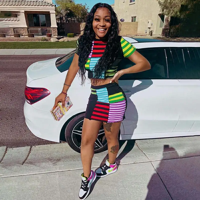 

Summer New Women's Suits Fashion Casual Sports Striped Contrast Color Round Neck Short-sleeved Stretch Hip Skirt Two-piece Set