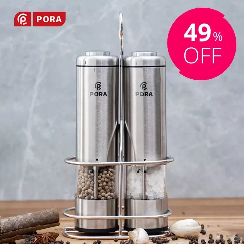 

PORA-Electric Spice Mill Pepper Grinder Stainless Steel Automatic Salt and Pepper Shaker Kitchen Tools Gift 2022