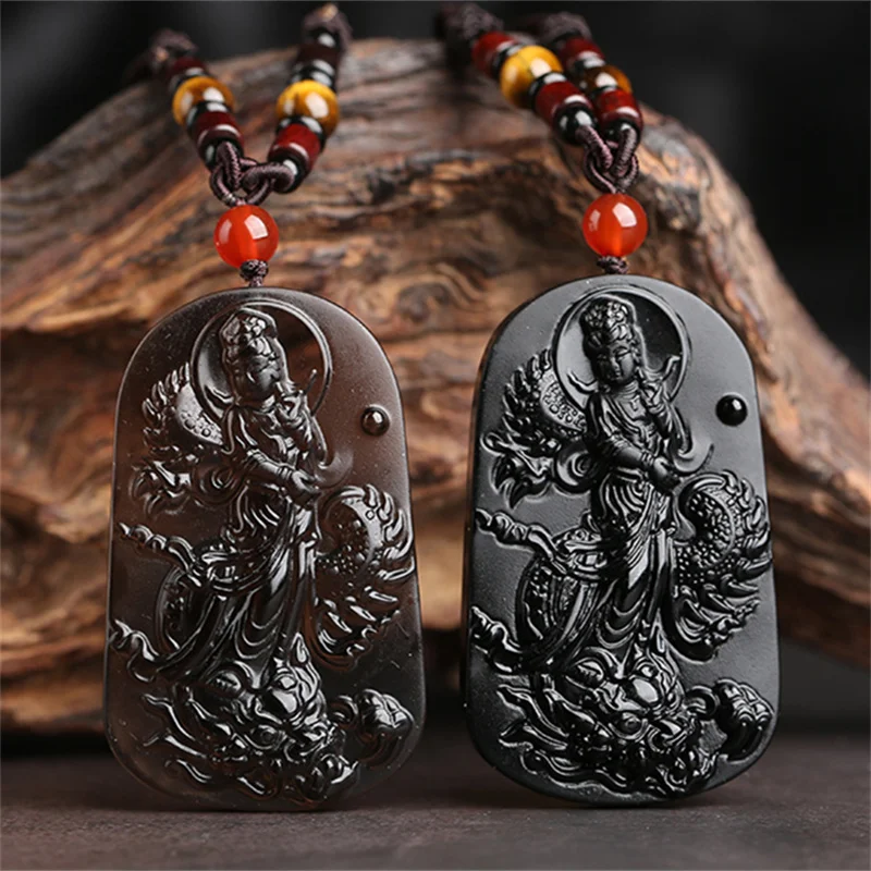 

Natural Ice Obsidian Guanyin Riding The Dragon Pendant Necklace Men Women Fengshui Charms Hand Carved Guan Yin Lucky Amulet Gift