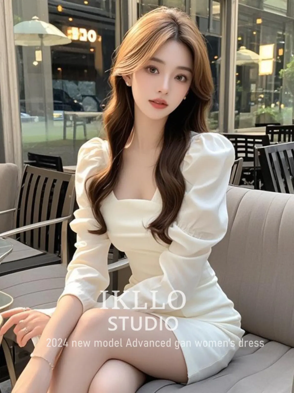 Pure Desire Sle Gyaru Square Collar White Puff sleeve Dress Women Autumn and Winter High-Grade Temperament Waist Hugging Sl...