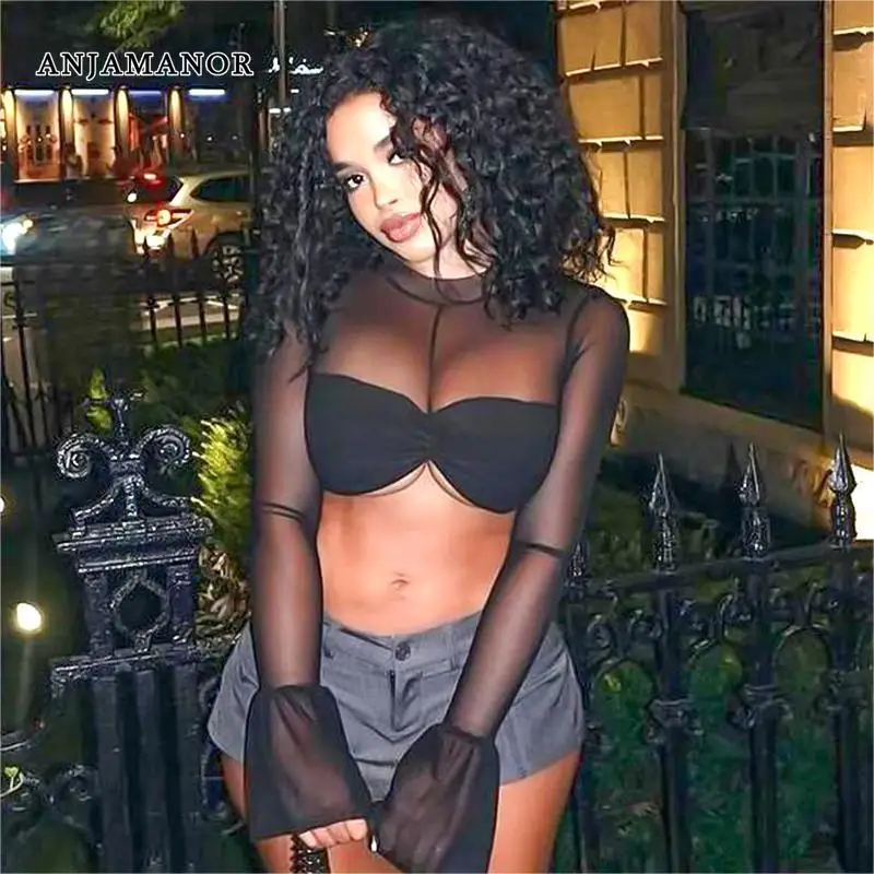 

Женская укороченная блузка с длинным рукавом anjahome, сексуальная Прозрачная черная сетчатая блузка, осень 2023, модная женская одежда