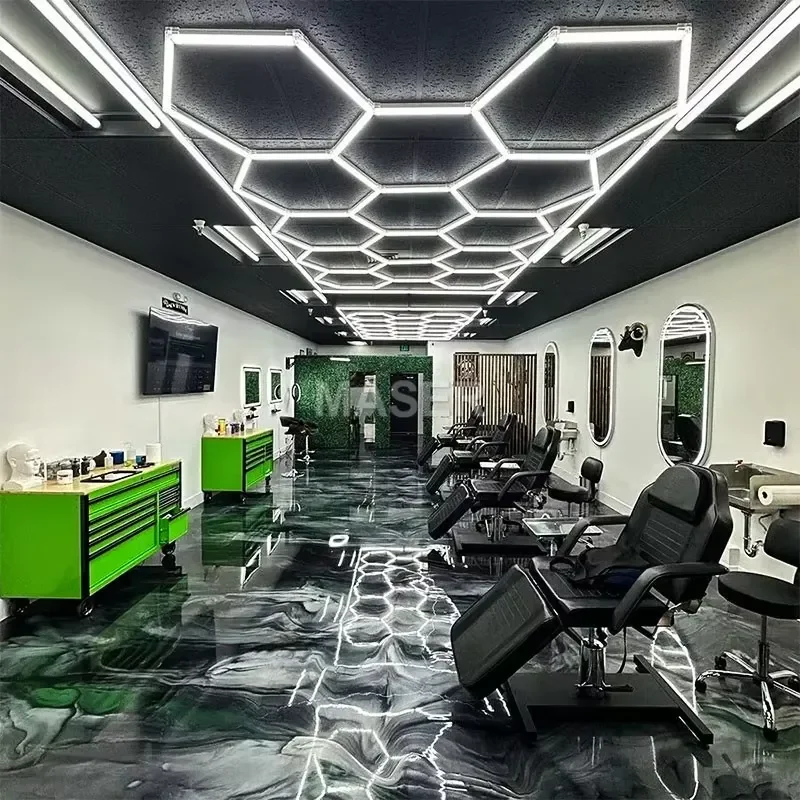 Фото Светодиодные потолочные светильники-подвески Hexagon без минимального заказа для барбершопов, спортзалов, гаражей, система 14 секций №2