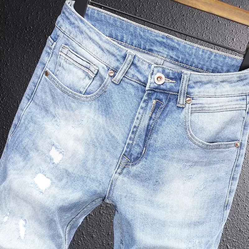 Newly Fashion Vintage Men Jeans Retro Light Blue Elastic Slim Fit Ripped Jeans Men Patchwork Designer Casual Denim Pants Hombre