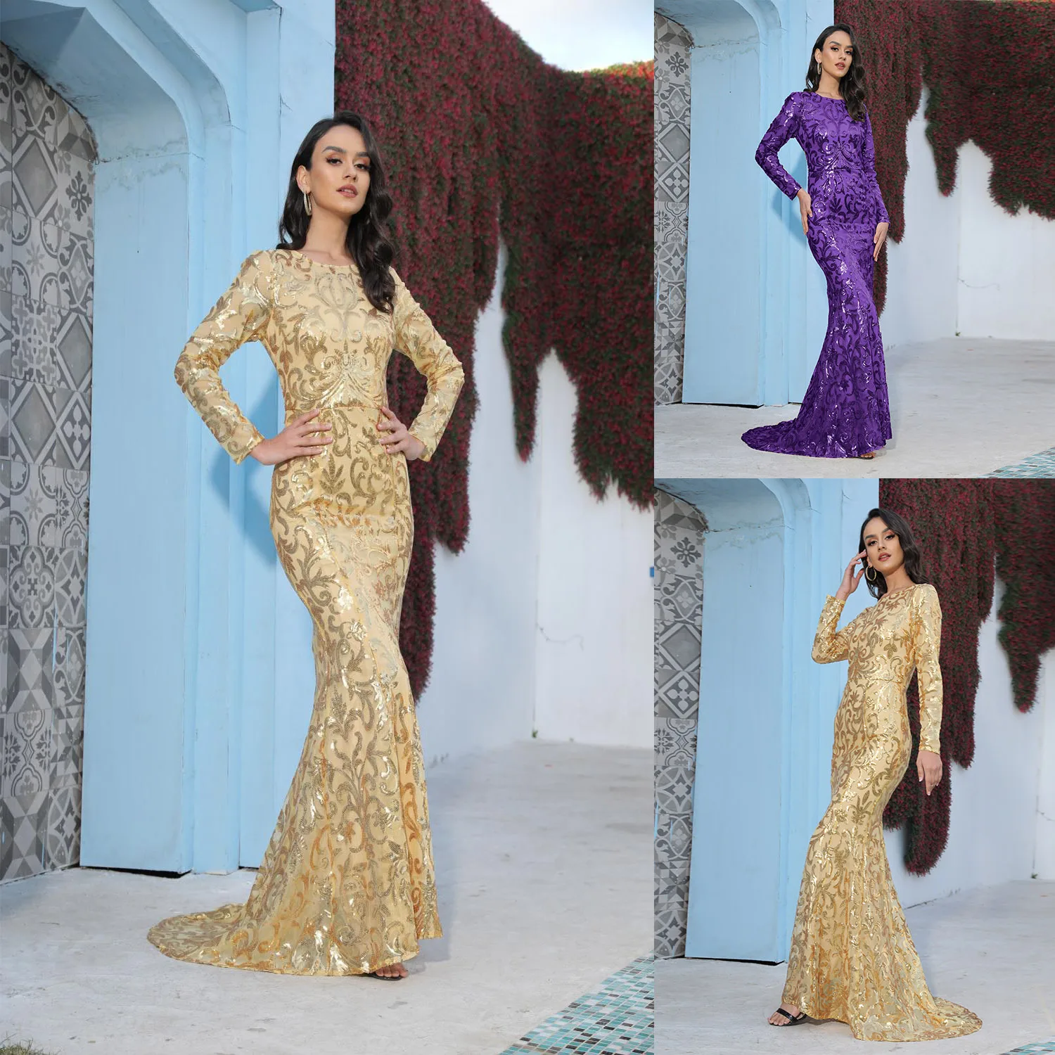 

BAZIIINGAAA Luxury Evening Dress 2022 New Round Neck Long Sleeve Printed Fishtail Dress And Floor Dress Elegant Dresses For Wome