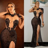 sexy black mermaid evening dresses 2022 lace beading side split womens prom gowns sheer long sleeve party celebrity dress