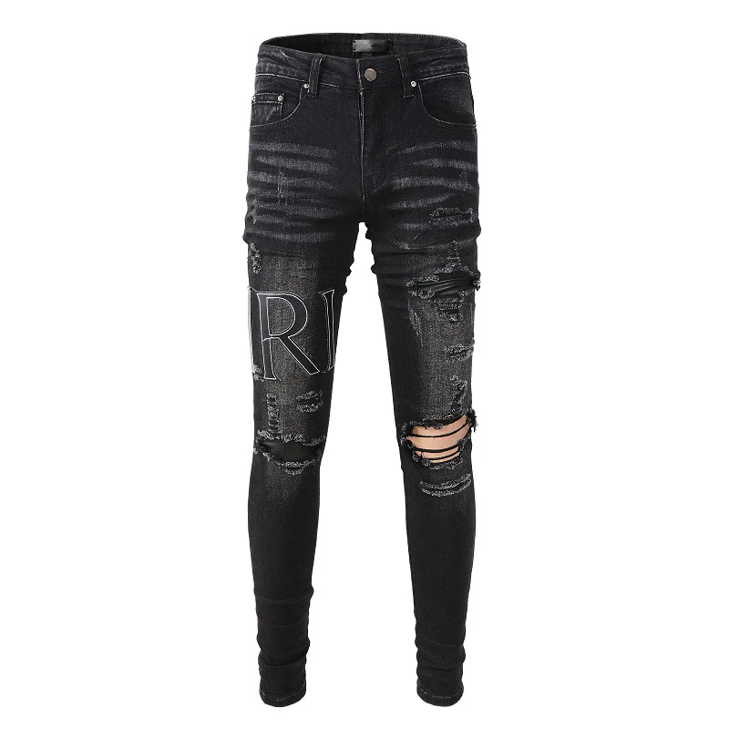 

Men's Black High Street Distressed Slim Leather Letters Patchwork Damaged Holes Skinny Stretch Ripped Streetwear Jeans