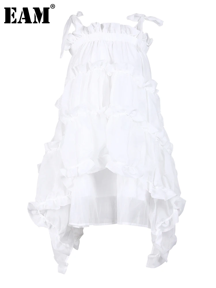 

[EAM] Women White Irregular Ruffles Spaghetti Strap Dress New Sleeveless Loose Fit Fashion Tide Spring Summer 2023 1W57100