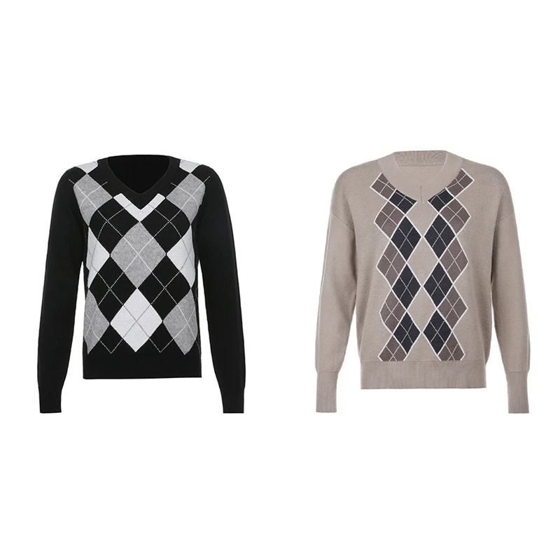 

2Pcs Autumn V Neck Vintage Knit Sweater Casual Argyle Plaid Jumper Women Preppy Long Sleeve Pullover M,Black & Brown