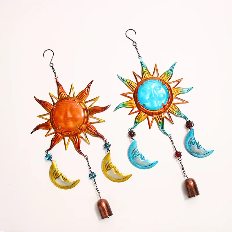 

Sun Moon Vintage Wind Chimes Pendant Metal Artifact Glass Painting Bell Yard Decoration Room Nursery Wall Decor Aesthetic Crafts