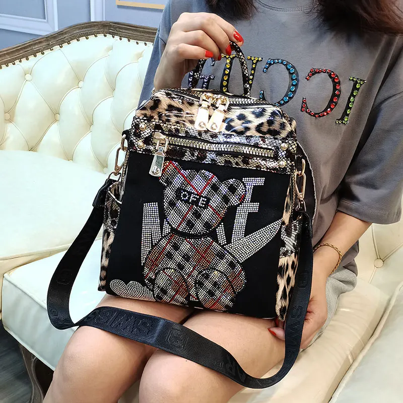 

Fashion Diamond Leather Ladies Cartoon Backpack 2022 New Leopard Print Shoulder Messenger Bag Luxury Handbag Backpack Gg Bolsa