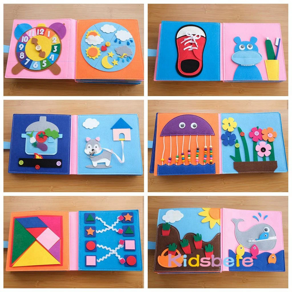 Montessori Busy Activity Book Educational Quiet Book for Basic Life Skill 3D Cloth Book Sensory Development Toy for Baby Toddler