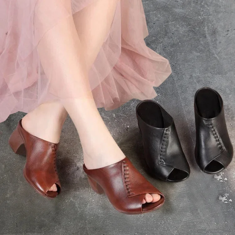 

Мягкие кожаные шлепанцы на толстом каблуке удобные универсальные женские сандалии на среднем каблуке с открытым носком женская обувь для матери