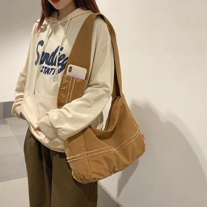 Fashion Ladies Messenger Bag Large Capacity Shopping Bag Unisex Canvas Student Shoulder Bag Solid Color Handbag Women