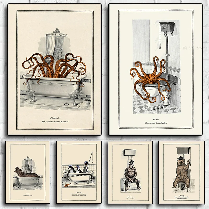 

Funny Animal in Bathtub Posters Canvas Painting And Prints Bathroom Toilet Decor Bear Octopus Penguin Chimpanzee Retro Picture