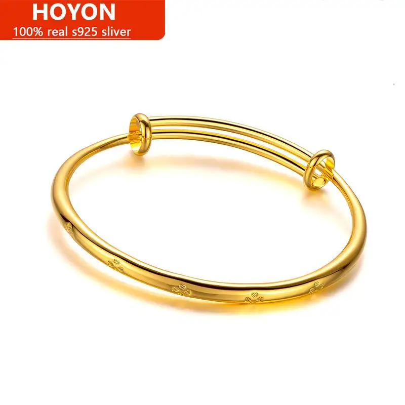 

HOYON 24K Pure Gold Color Clover Bangle For Women Gift Jewelry Fashion 2022 Trend New Sand Gold Glossy Push Pull Bracelet 58mm