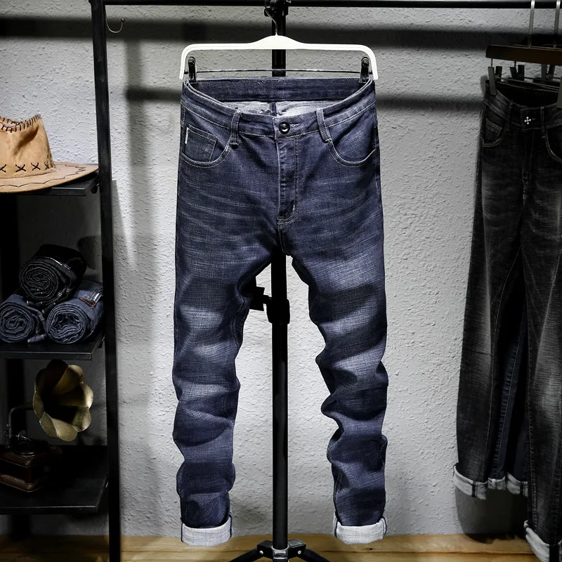 2023 Men's Brand Jeans Stretch Slim Fit Business Casual Denim Pants Male Blue Solid Color Pencil Trousers Men Luxury Clothing