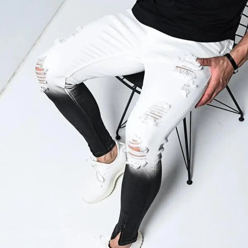 Fashion Men's Skinny Stretch Ripped Male Jeans Slim Fit Denim Trousers Streetwear Gradient White Black Skinny Jeans Men