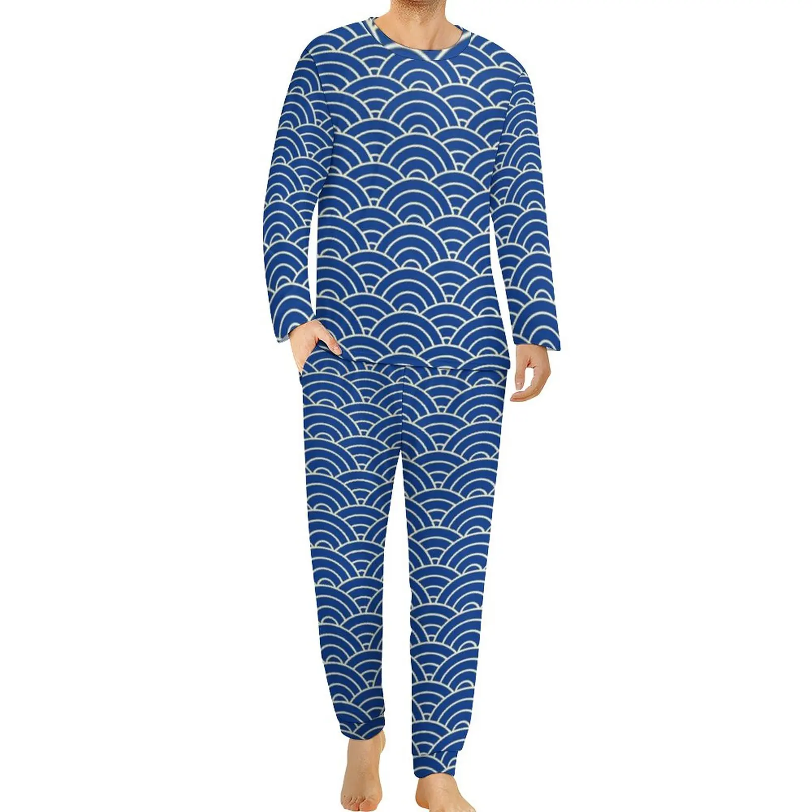 

Blue Seigaiha Print Pajamas Male Japanese Waves Cute Nightwear Autumn Long Sleeves 2 Pieces Leisure Design Pajama Sets 4XL 5XL