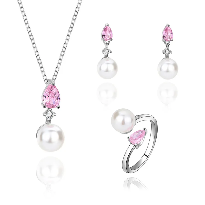 

Top Quality 925 Silver Jewelry Sets Pearl Pink Crystal Quartz Zircon Ring Earring Necklace 3 Piece Set Wholesale Fine Jewelry