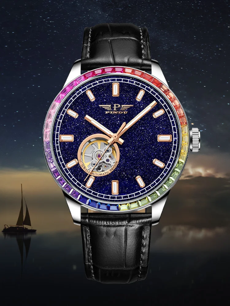 

Luxury Automatic Watch Men Tourbillon Mechanical Wristwatches Male 42mm Color Diamond Star Watch Self Winding Clocks PINDU 2022