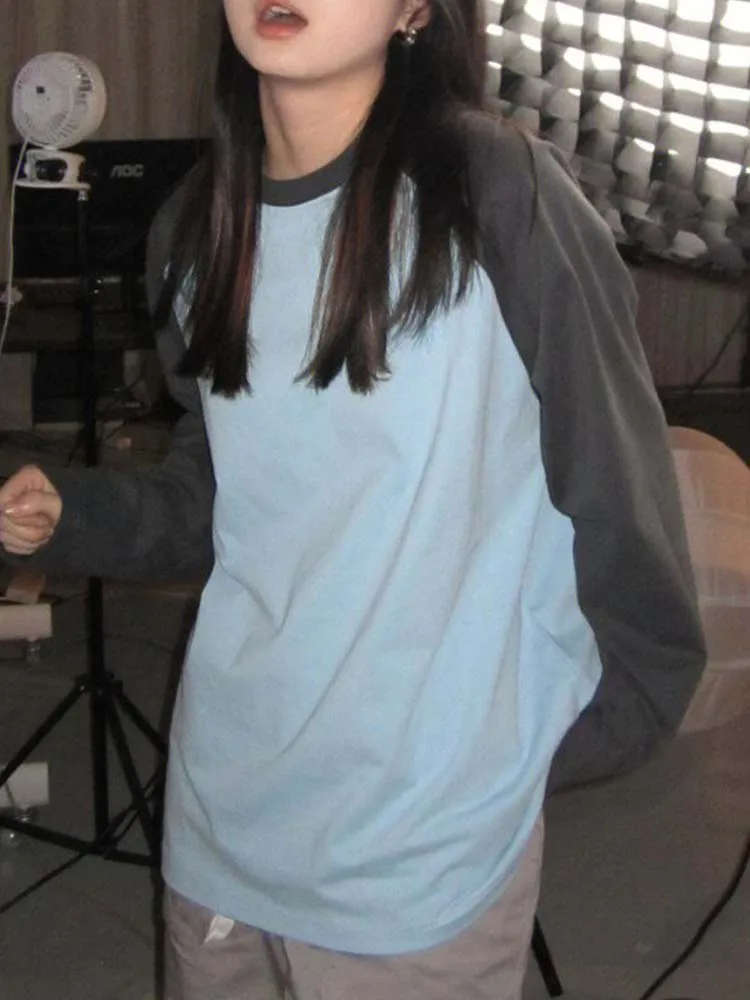 Футболка женская оверсайз винтажный Топ с длинным рукавом модная в Корейском