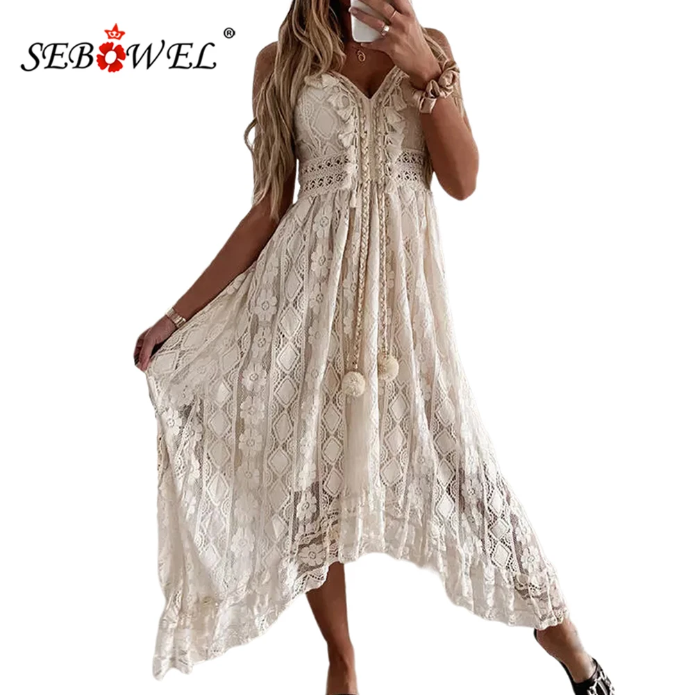 

SEBOWEL 2022 European and American Summer Women's Lace Suspenders Swing Dress Seaside Holiday Style Long Skirt Dresses
