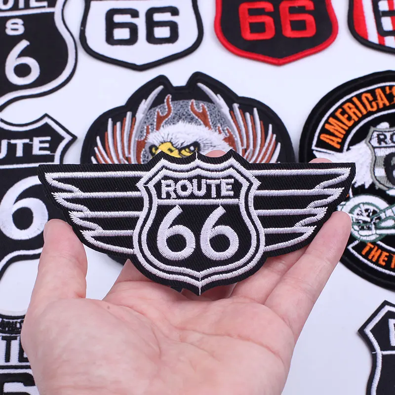 

Punk Patches on Clothes Iron on ROUTE 66 Motorcycle Eagle Wings Embroidered Patches for Clothing Thermoadhesive Stickers Hippie