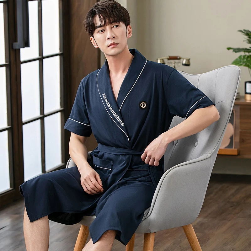 Plus Size Short Sleeve 100% Cotton Kimono Robes for Men 2022 Summer Korean Loose Sleepwear Bathrobe Male Homewear Lounge Clothes