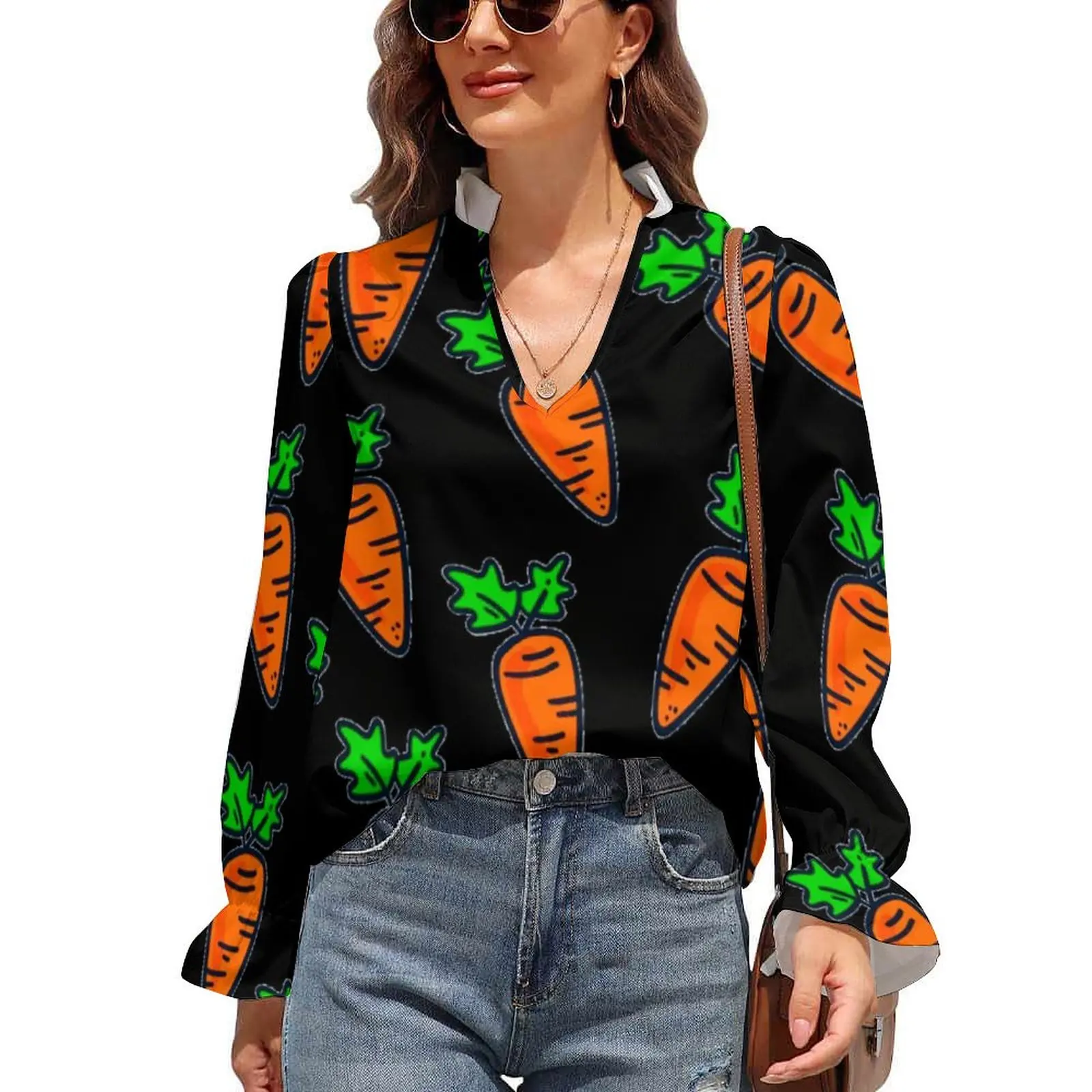 

Carrot Blouse Food Ruffled V Neck Chic Spring Shirt Girl Fashion Shirts