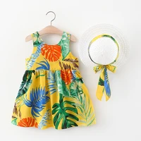 2022 summer toddler girl clothes baby beach dresses yellow cute bow plaid floral print sleeveless cotton princess dress hat