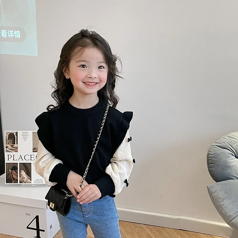 

2022 Spring baby girl fashion bowknot knitwear Girls patchwork long sleeve knit Tops clothes