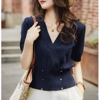 women summer tops elegant fashion korean v neck buttons short sleeve solid color knit t shirt office lady slim ice silk clothes