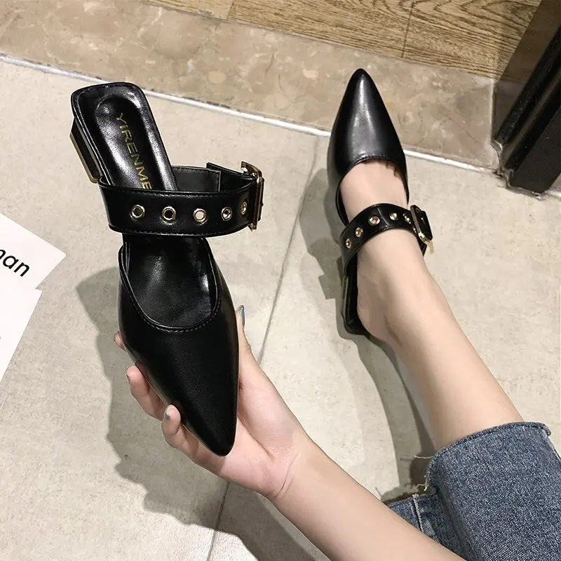 Spring Autumn Women Sandals Pointed PU Leather Cross Strap Pump Buckle Casual Female Metal Buckle High Heels Pointed Toe Shoes
