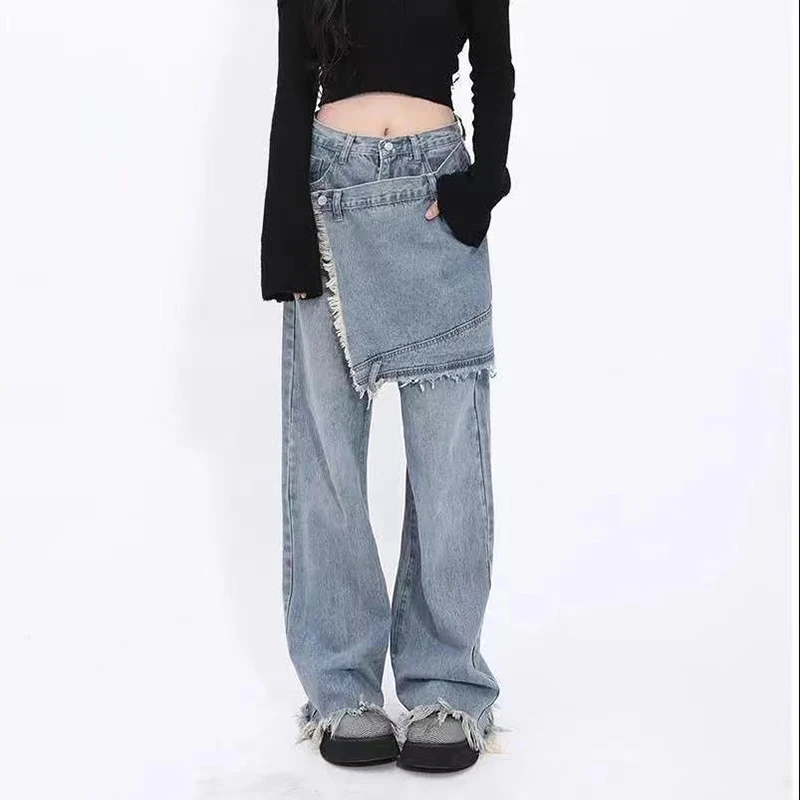 

Fake Two-piece Wide Leg Baggy Jeans Women High-waisted Straight-tube Loose Design Sense Niche Rock Fried Street Pants Woman