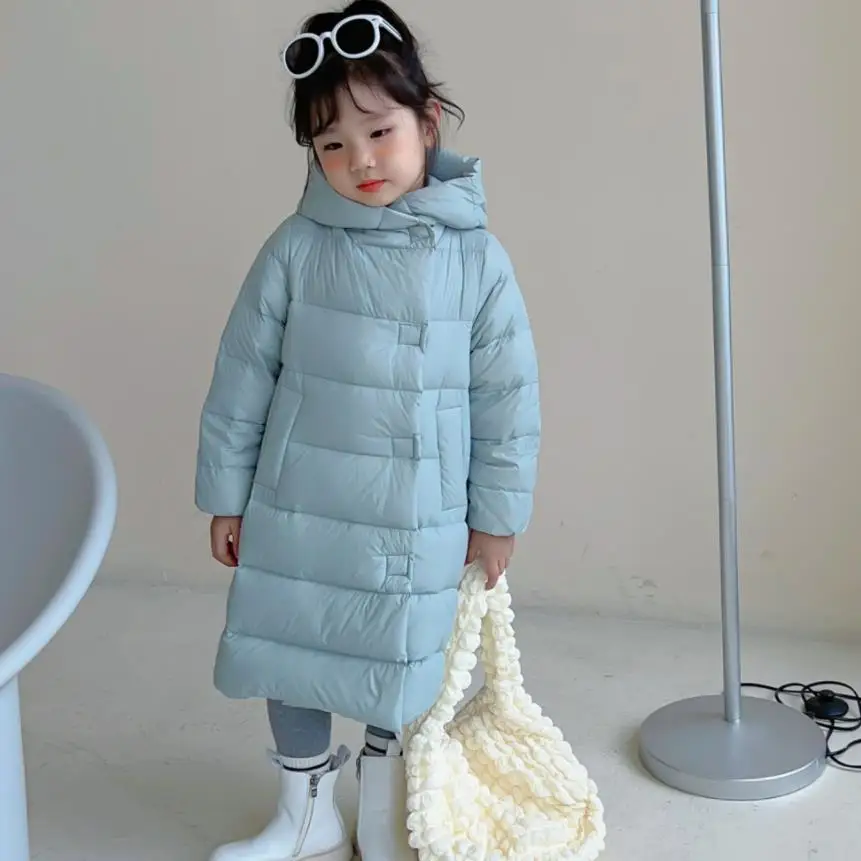 

White Duck Down Coat 2022 Winter New Girls Fashion Knee Warm Hooded Puffer Jackets Thicken Outwear Overcoat A1791
