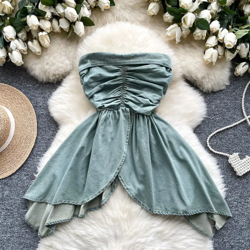 Ретро нестандартные джинсовые женские топы на бретелях с разрезом шее узкие