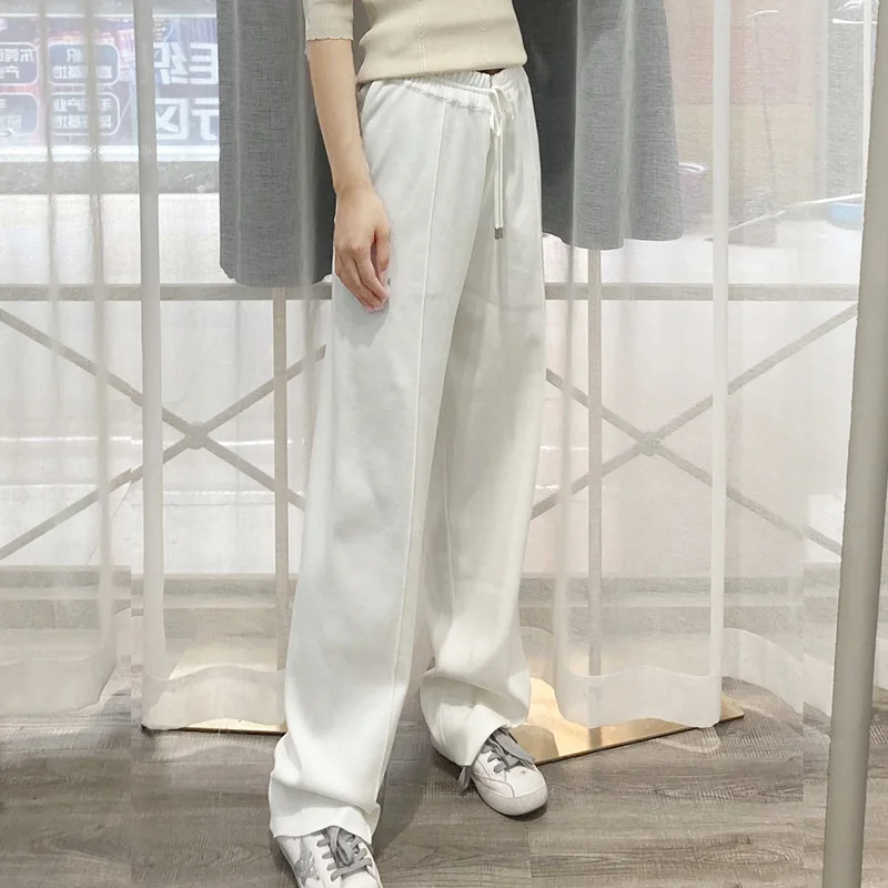 Loose and Thin Casual Lace-up Trousers 2022 Autumn New Mopping White Trousers Wide-leg Ice Silk Pants Women