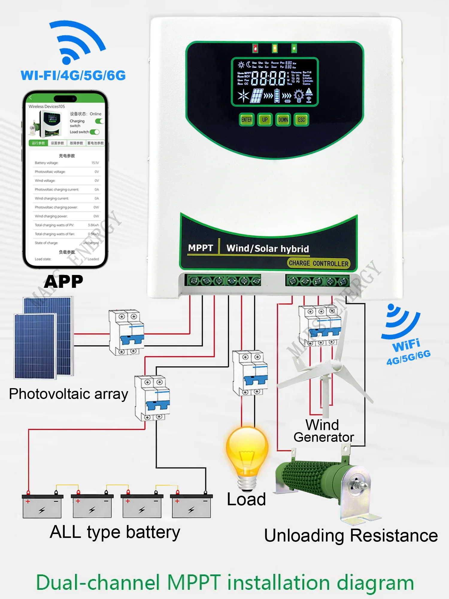 12V 24V 48V 3000W Wi - Fi Смешанный контроллер зарядки солнечные батареи Ветрогенераторы