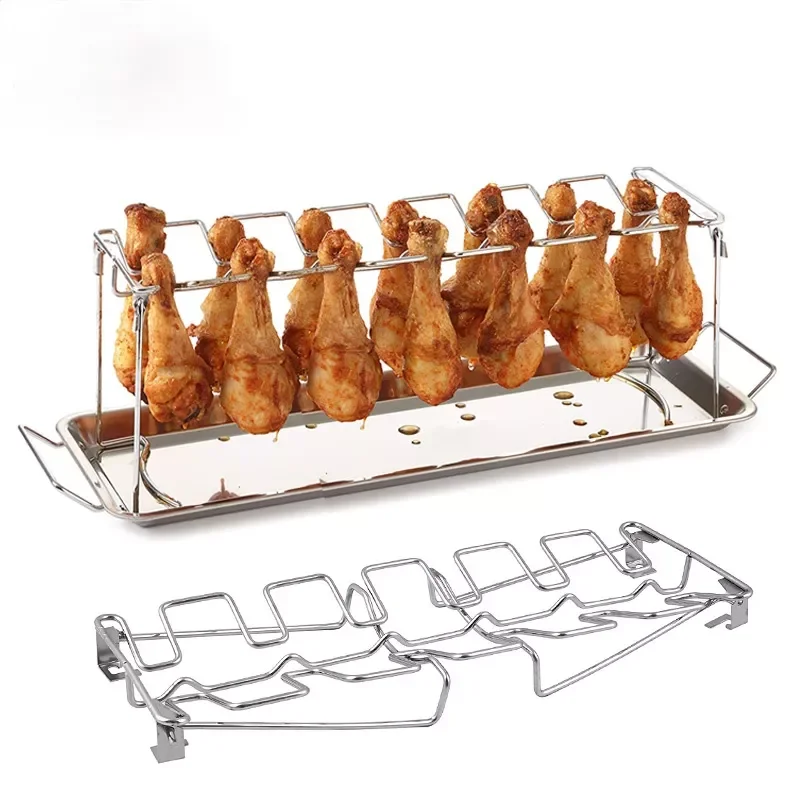 

New in BBQ Beef Chicken Leg Wing Grill Rack 14 Slots Stainless Steel Barbecue Drumsticks Holder Oven Roaster Stand with Drip Pan