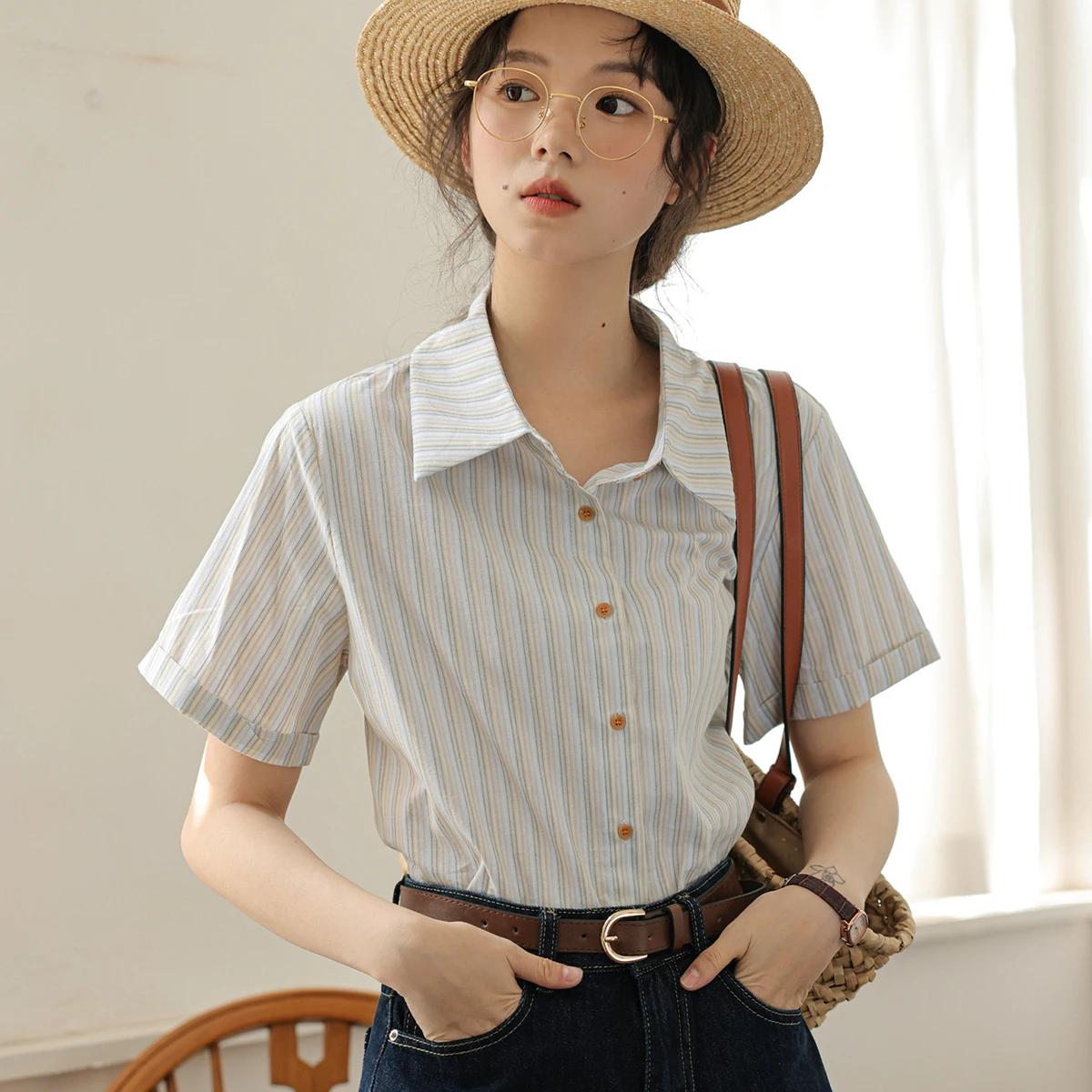 Женская рубашка с отложным воротником Летняя Повседневная Свободная в полоску