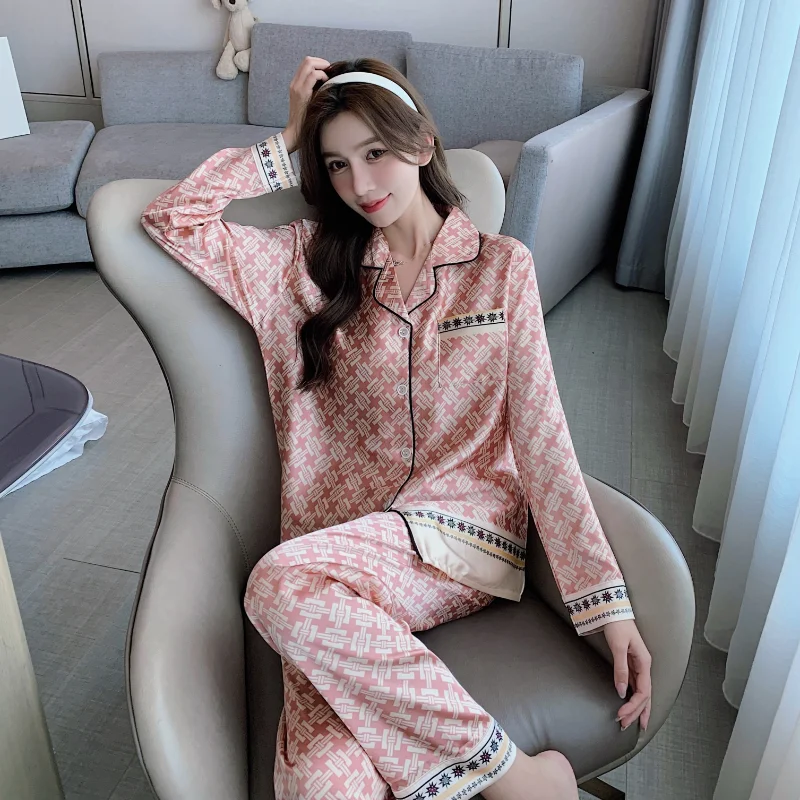 1 Ice Silk Pajamas Women's Spring and Autumn Long-sleeved Two-piece Thin Silk Home Service Silk Sexy Large Size Women's Pajamas