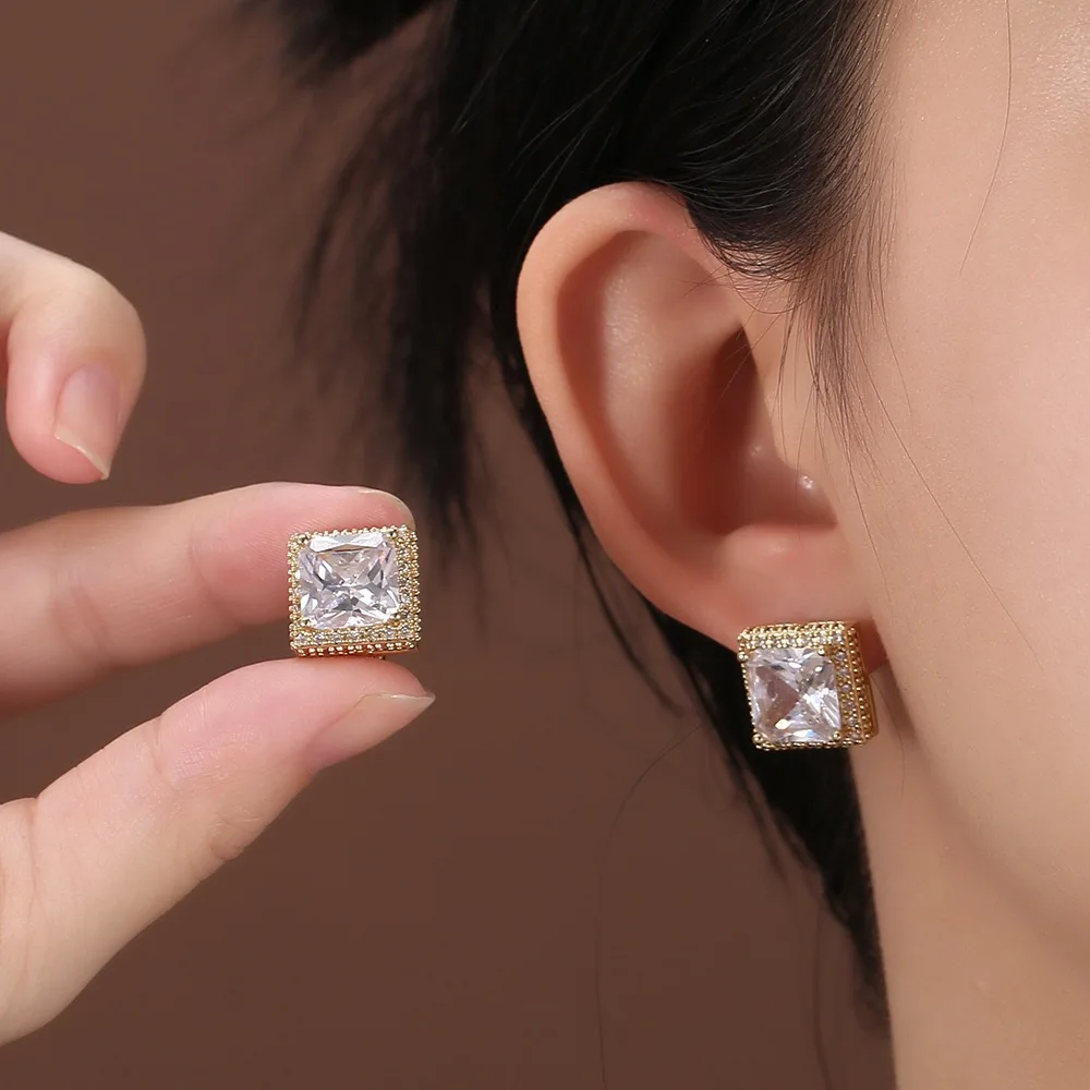 

New Classic Gold Color Square Cubic Zirconia Stone Hoops for Women Metal Drop Earrings Wedding Party Jewelry Valentines Gifts