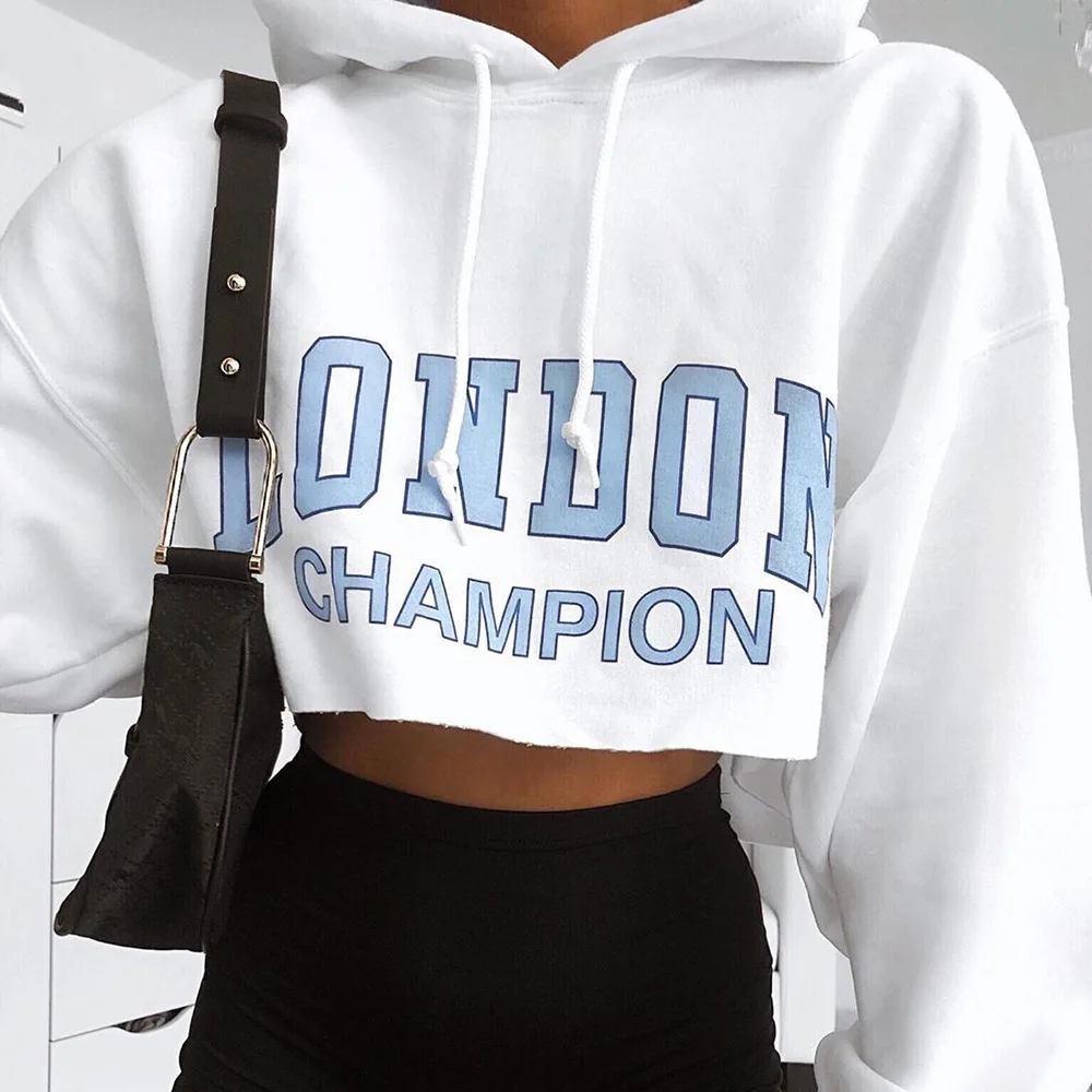 

New 2022 Spring Women's Letter Print Long Sleeve Hooded Slim Fit Cropped Navel Sweater